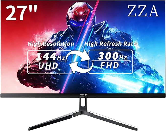 ZZA 27 Inch 4K Gaming MonitorDual Mode UHD(3840x2160) 144Hz &amp FHD（1920 * 1080） 300Hz Adaptive SyncHDMI 2.1 &amp DP 1.4 Tilt Adjustment PC Monitor VESA Black