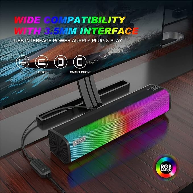 Computer Speakers Wired Computer Sound Bar Enhanced Stereo USB Powered Soundbar Speakers One Button Control for PC Tablets Laptop Cellphones