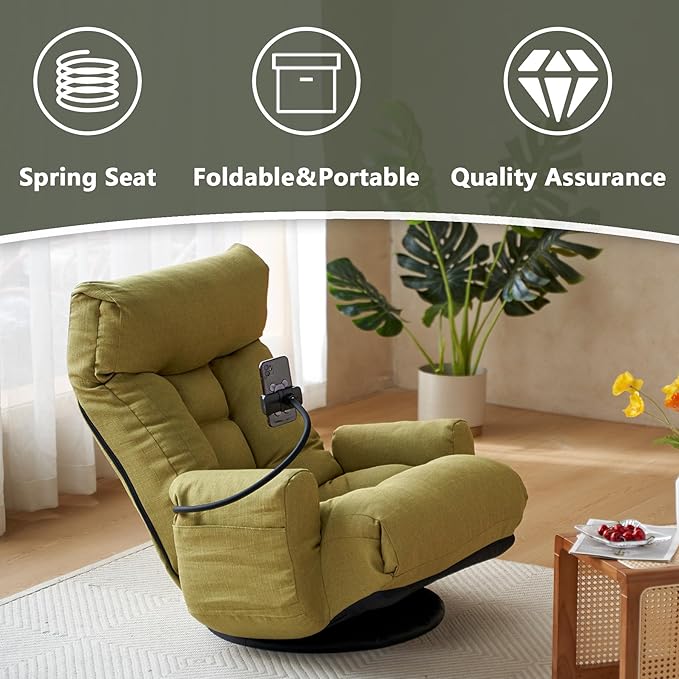 Swivel Gaming Floor Chair with Phone Holder &amp Arm Comfy Reading Chair with Side Pocket for Adults Upholstered Floor Chair with Adjustable Back for Bedroom Living Room (Green)