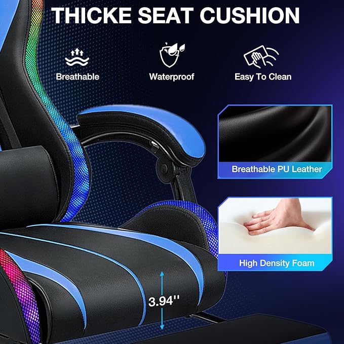 RGB Gaming Chair Massage with LED Lights and Ergonomic Computer Gaming Chair with Footrest High Back Video Game Chairs with Adjustable Lumbar Support Blue and Black