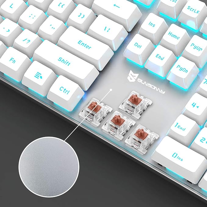 104 Keys Full Size Mechanical PC Gaming Keyboard | Brown Switch Hot Swappable White Mechanical Wired Computer Keyboards | Ice Blue LED Backlit 104 Keys US Layout Light Up Wired Gaming Keyboard