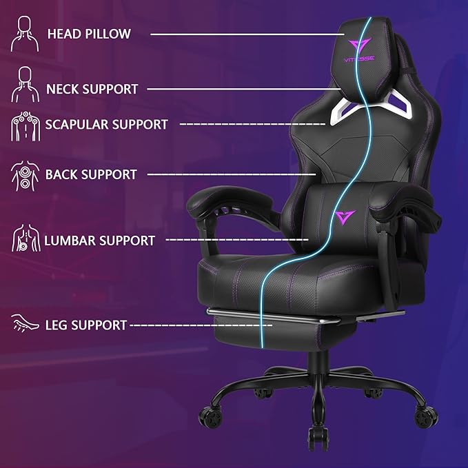 Waleaf Big and Tall Gaming Chair for Adults with Footrest 400lbs Weight Capacity Video Game Chairs for Office Ergonomic Computer Gaming Chair with Lumbar Support and Headrest (Purple)