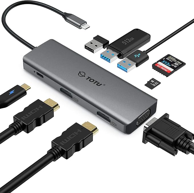 TOTU Docking Station USB C Hub 9 in 1 Triple Display Docking Station with Collage Display Mode Dual 4K HDMI VGA 100W PD 3 USB 3.0 and TF/SD Card Reader for MacBook Pro Air and Type-C Laptops