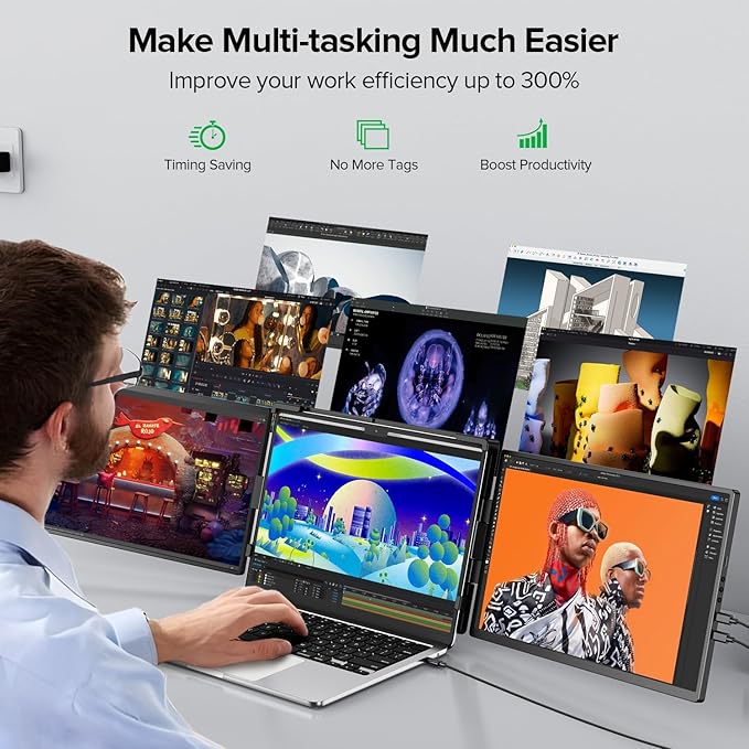 UPERFECT Laptop Screen Extender 2K 14 360° Patented Unique Swivel Hinge Triple Monitor 2240x1400 QHD IPS Portable Dual Monitor for 13.3-17.3'' Laptops Plug &amp Play with Mac Wins Android