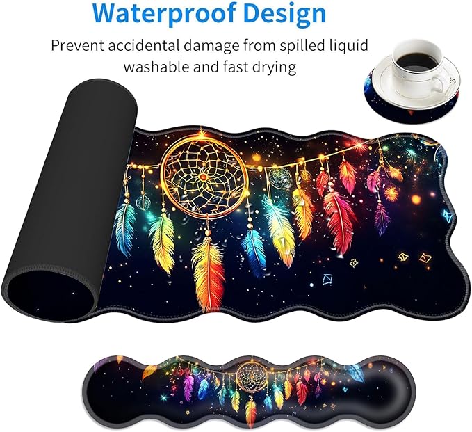 Large Mouse Pad and Keyboard Wrist Rest Desk Pad for Keyboard and Mouse 4-in-1 Large Gaming Mouse Pad with Wrist Support Desk Mat for Home Office Study Game-Colorful Dreamcatcher