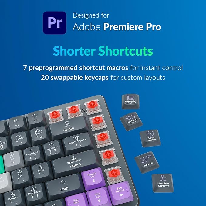 JCPAL Adobe Premiere Pro Keyboard • Dash Wireless Shortcut Keyboard for Mac and PC • Shortcut Hotkeys Color-Coded Key Guide Fully Customizable Compact Low-Profile Design
