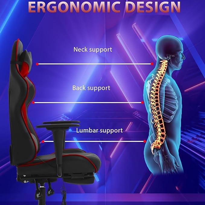 PayLessHere Racing Gaming Chair Office Massage Chair Ergonomic Recliner with Computer Desk PU Leather Lumbar Support Footrest Rolling Swivel and Task Function Ultimate Comfort for Adults (Red)