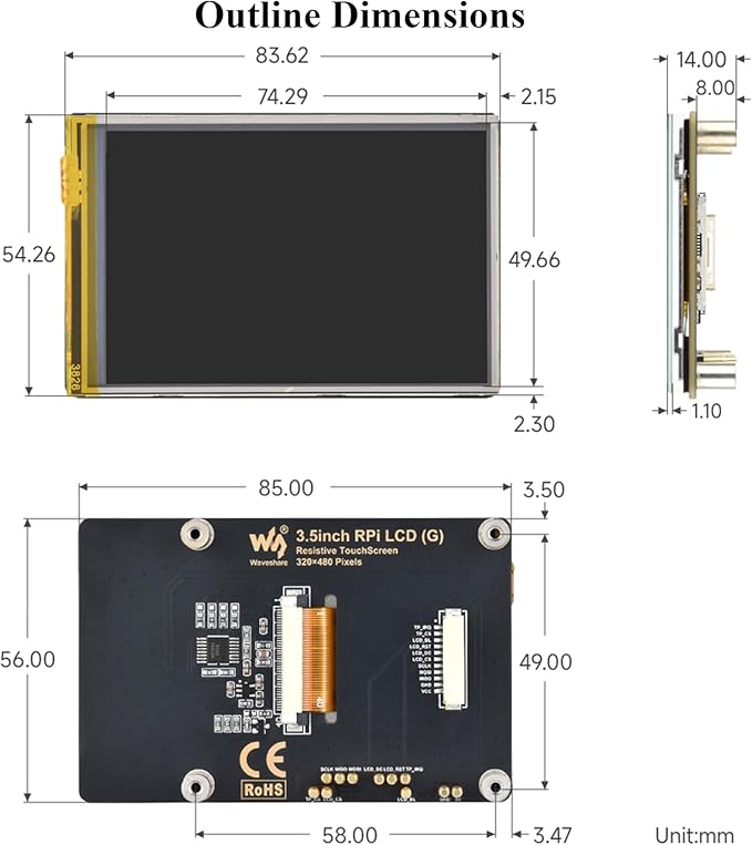 3.5inch Resistive Touch Display Compatible with Pi 5/4B/3B+/3B/Pico W/Pico 2W/ ESP32 IPS LCD Screen 320×480 Resolution 262K Color Pigo Pin Header and GH1.25 11PIN Cable Two Connection Ways