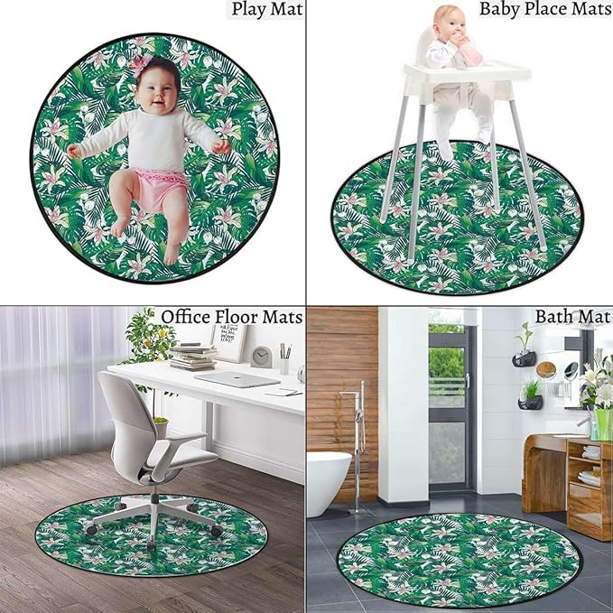 Green Olive Green Round Area Rug Swivel Chair Mats for Hardwood Floor Washable Waterproof Spill Mat Anti-Slip Floor Protector Rainforest Jungle Foliage Pattern Diameter 47.2 in
