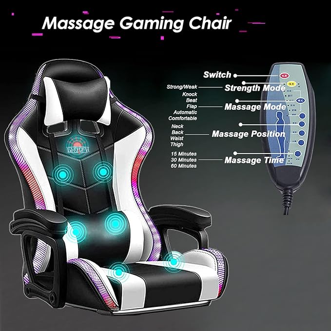 LED Gaming Chair with Speakers Massage Computer Chair Ergonomic Racing Office Chair PU Leather Recliner Swivel Gamer Chair with Lumbar Support Headrest Armrest and FootrestWhite