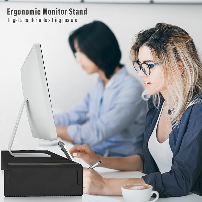 OImaster Monitor Stand Riser Foldable Computer Monitor Riser Adjustable Length Computer Stand and Storage Drawer &amp Pen Slot Phone Stand Compatible Computer Desktop Laptop Save Space (Black)