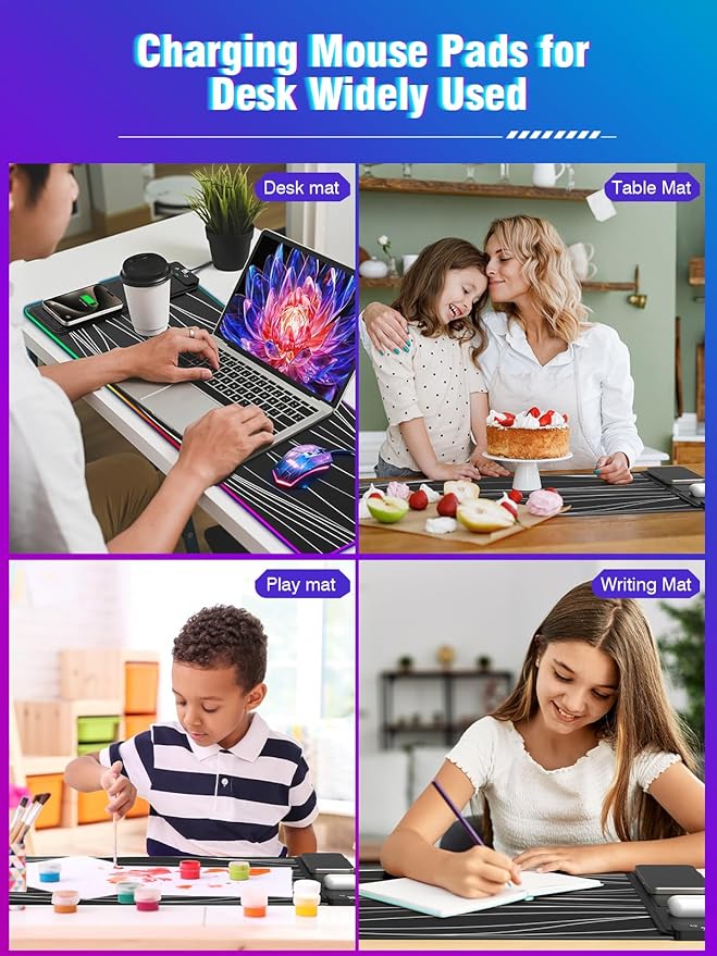 XXL Mouse Pad with Foldable Phone Holder - Black RGB Desk Mat with 15W Fast Charging LED Gaming Mousepad with 11 Light Colors Waterproof Non-Slip Pad (Stand XXL RGB Wavy)