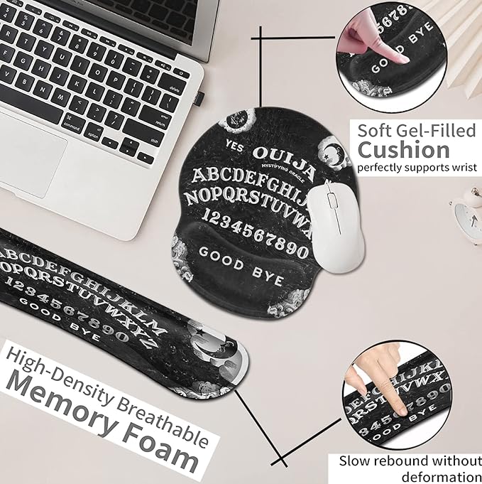 Black Mouse Pad with Stitched Edge Non-Slip Rubber Base Ouija Board Witch Pattern MousePad with Wrist Guard and Keyboard Wrist GuardOffice Accessories Desk Decor for Computers Laptop Cartoon