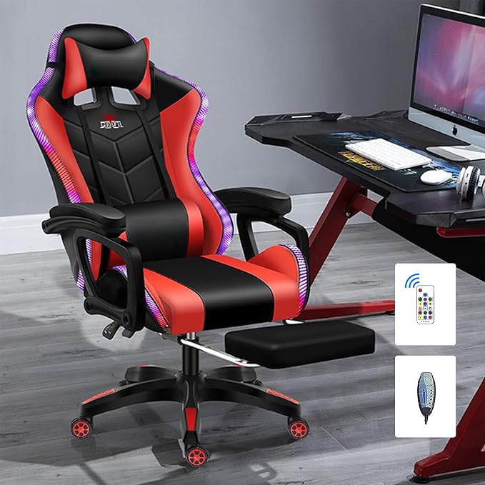 RGB Gaming Chair with Speakers and Massage Racing Computer Chair with Massage and Footrest for Office or Gaming. (Black+Red)