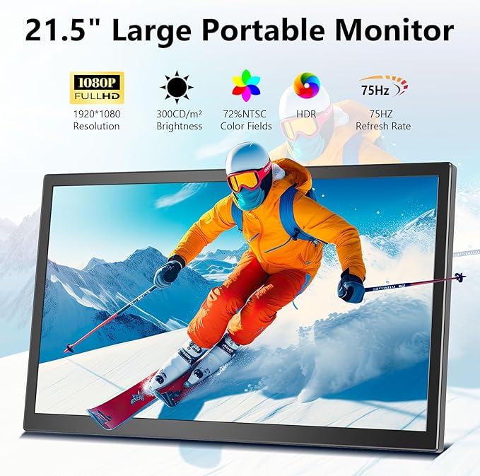 21.5 Inch Large Portable Monitor 1080P FHD 75Hz Gaming Display with HDR Built-in Speakers &amp Stand USB-C HDMI Portable Second Screen for Laptop PC Gaming Rig Business Travel