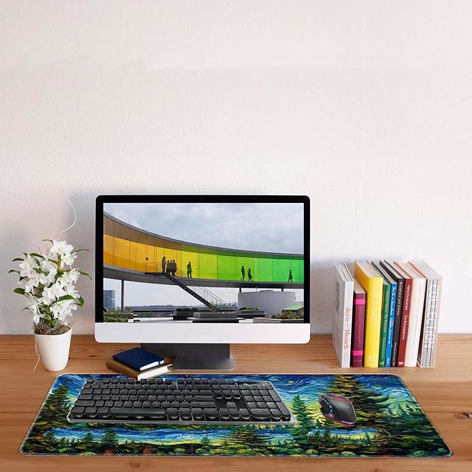 Keyboard Mouse Pad SetLarge Desk Pad+Keyboard Wrist Rest+Mouse Pad Wrist Support+CoasterEasy Typing Pain Relief Non-Slip Mousepad Wrist Support Home OfficeVan Gogh Starry Night Forest