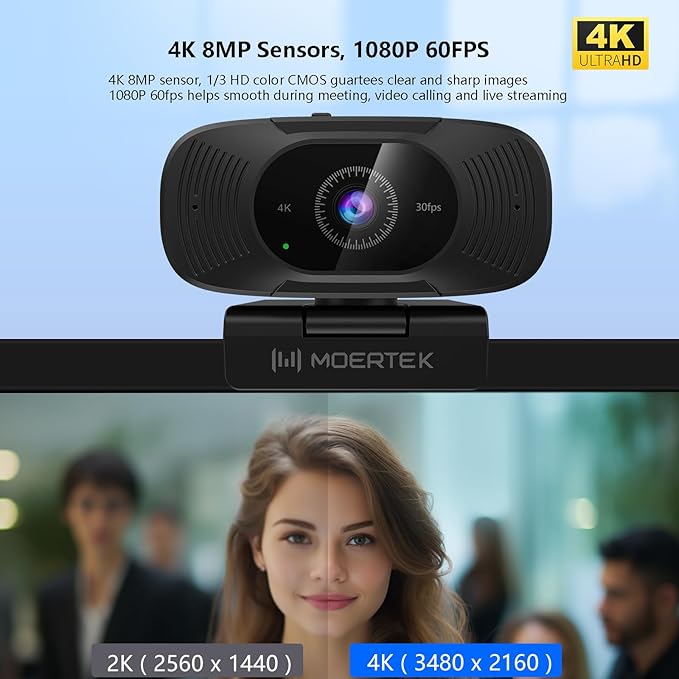 4K Webcam with Microphone 1080P 60fps Webcam for PC 8MP UHD 92° Wide Angle Len Automatic Light Correction USB Camera with Privacy Cover External Computer Camera for Meetings/Video Call