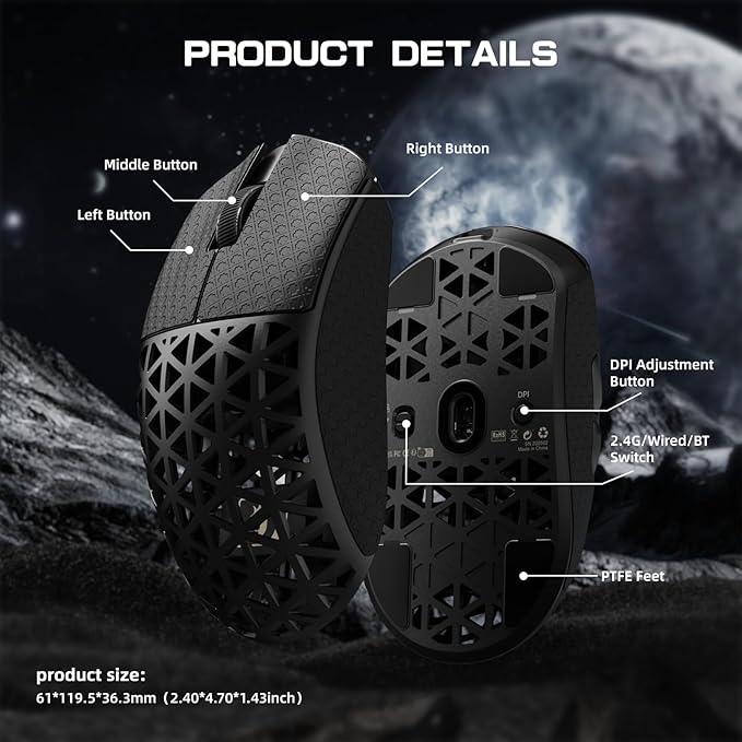 MAMBASNAKE M5 Ultra Carbon Fiber 8KHz Wireless Gaming MousePAW3950 Sensor 42K DPI39g Lightweight Tri-Mode 2.4GHz/BT/Wired Computer MiceWeb Driver Supportfor Win/Mac/FPS/MOBA/Esports-Black(B)