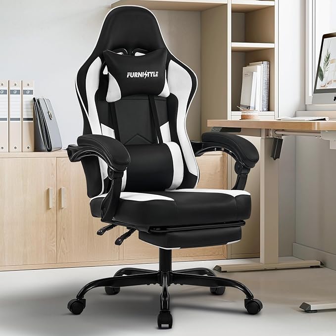 Gaming Chair with Footrest Reclining Video Game Chairs for Adults with Lumbar Support Linkage Armrests Ergonomic Computer Chair for Gaming or Office PU Black-White