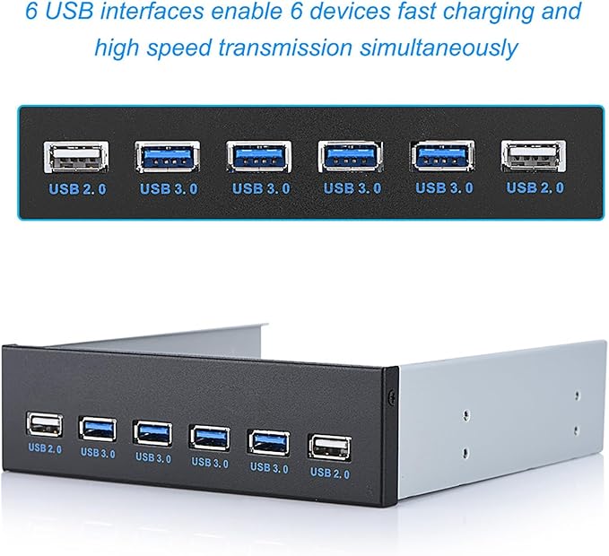 ASHATA 19 pin to 4 USB3.0 + 2 USB2.0 6 Interface Metal Front Panel USB Hub Audio Front Panel High Speed Data  Black