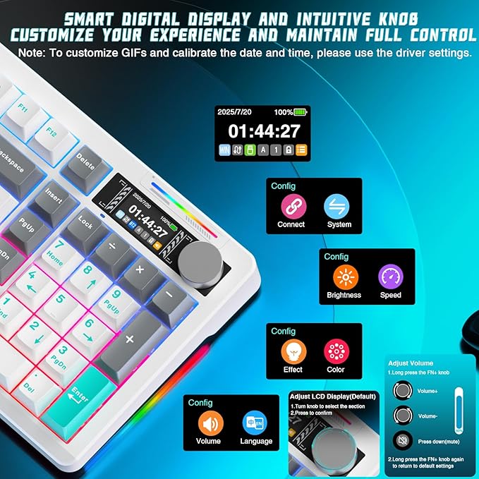 LINGBAO K98 PRO 96% Mechanical Keyboard Wireless with Screen &amp Knob Creamy Gaming Keyboard Tri-Mode BT5.0/2.4GHz/USB-C Gasket Mount Hot-Swappable Linear Switches RGB Backlit Gamer Keyboards fo