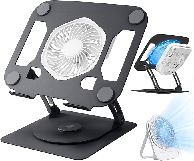 SHUWEI Laptop Cooling Stand with Detachable Desk Fan Adjustable Height &amp Angle 360 Rotating Base Carbon Steel Framework Ultra-Quiet &amp Super Sturdy for up to 16”Laptop-Black