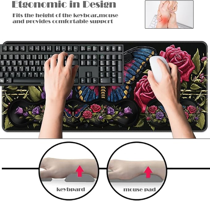 Ergonomic Keyboard Wrist Rest &amp Mouse Pad Wrist Rest SetXL Gaming Desk Mat 31.5x 11.8Non-Slip BaseMemory FoamEasy Typing Pain Relief for Office &amp HomeBlue Butterfly with Red Roses