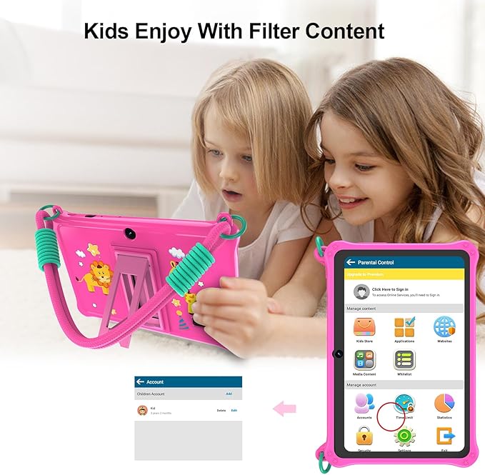 PRITOM Lanyard Kids Tablet 7 inch 32GB Toddler Tablet Android 13 with WiFi Dual Camera Education Games Kids Software Pre-Installed Parental Control Pink