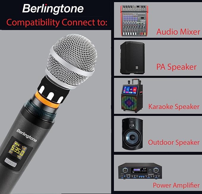 Berlingtone) Professional Dual Dynamic Handheld UHF Wireless Microphone System Magnetic Wireless Charging 200 Adjustable Frequency Channels for Karaoke Meeting Church up 200ft Range BR-60UM