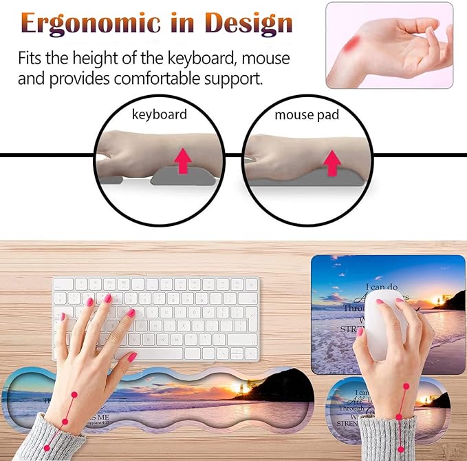 Keyboard Wrist Rest Pad + Mouse Wrist Rest Pad +Mouse Pad + Coaster + Hook Set Ergonomic Wrist Pain Relief Anti-Slip Mouse Pad for Home and Office Beach Philippians 4-13