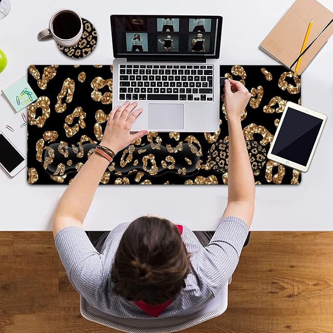 Gaming Mouse Pad and Keyboard Wrist Rest Large Extended Mouse Pad 31.5X 11.8Ergonomic Memory Foam Wrist Rest +Desk Mat Protectorfor Office/Home Writing Pad Gold Glitter Leopard Black Mousepad