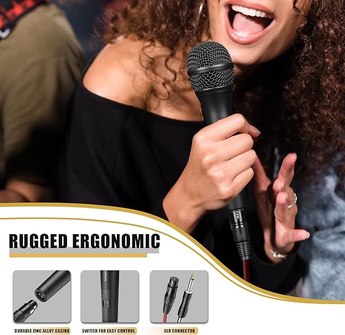Professional Dynamic Microphone for Singing Karaoke Microphone with 16ft XLR to 1/4'' Audio Cable Vocal Handheld Mic for Podcast Mixer Amplifier PA System