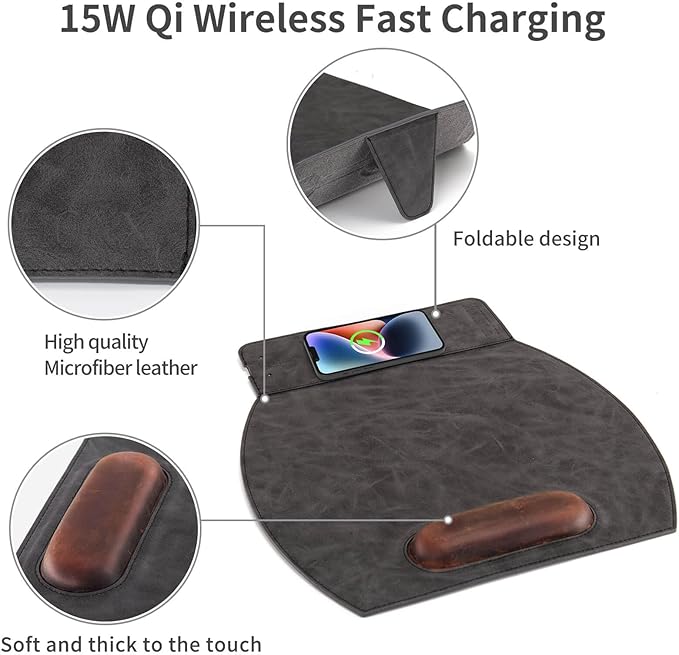Magnetic Wireless Charging Mouse Pad with Ergonomic Design Mousepad with Wrist Support Foldable Mousepad with Wrist Rest for Computer Laptop Office &amp Home 14 x 12.1 in Grey