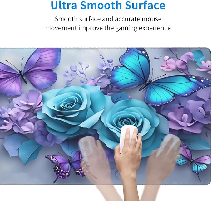 Purple Butterfly Blue Rose Desk Cover MatExtended Large Mouse PadComputer Laptop Mat Desk Decor for Office Game Home 30x16 Inch
