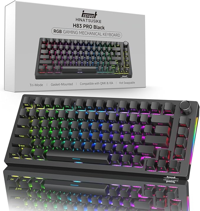 HINATSUSIKE H83 Pro 75 Percent Wireless Mechanical Keyboard for Gaming Hot-Swappable with Knob RGB Backlit Pre-Lubed Cardamom Linear Switches Side-Printed PBT Keycaps 2.4G/BT5.0/USB-C Black
