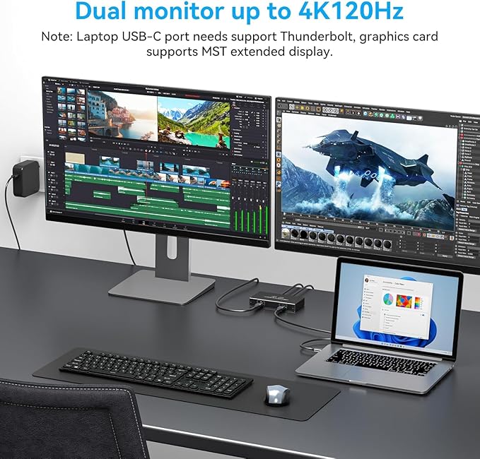 4K120Hz USB C Splitter Dual Monitor Adapter Thunderbolt Splitter 6-in-1 USB C Hub with DP Alt Mode Video Output 10Gbps Data Transfer 100W PD Charging for Laptop Portable Monitor (Deep Black)