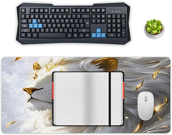 White Male Lion Desk Mat Desk Pad Large Mouse Pad Anti-Slip Big Mousepad with Stitched Edges Computer Mouse Pads for Gaming Home Office Work 16x36