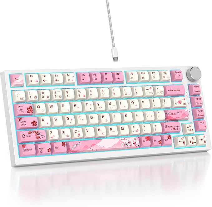 75% TKL Wired Mechanical KeyboardRGB Backlit Gasket Mount 82 Key Hot Swappable Custom Linear Red Switch Gaming Keyboard with Volume Knob &amp PBT Keycaps (Pink)