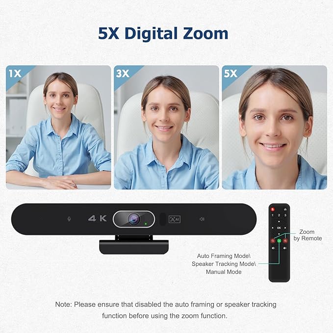 Conference Room Camera All-in-One 4K Webcam with Microphone and Speaker AI Tracking and Auto Framing Wide Angle of View Plug and Play USB Webcam for PC Mac Meetings Teams Zoom &amp Webex
