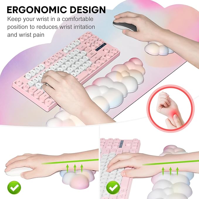 JIKIOU Large Cloud Mouse Pad Waterproof with Cloud Keyboard Wrist Pad and Cloud Mouse Wrist Pad Set Ergonomic Computer Desk Wrist Support Mousepad for Keyboard and Mouse 35.4x15.7in Rainbow