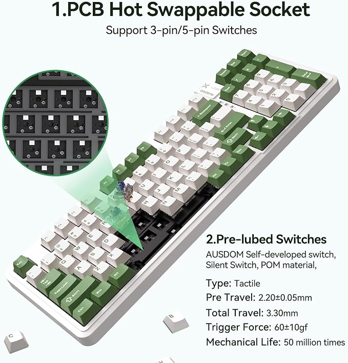 AUSDOM 98Pro Silent Mechanical Keyboard Wireless Hot Swappable Gaming Keyboard with BacklitGasket StructurePre-lubed Tactile Switches2.4GHz/Type-C/Bluetooth Custom Keyboards (Green &amp White-Sil