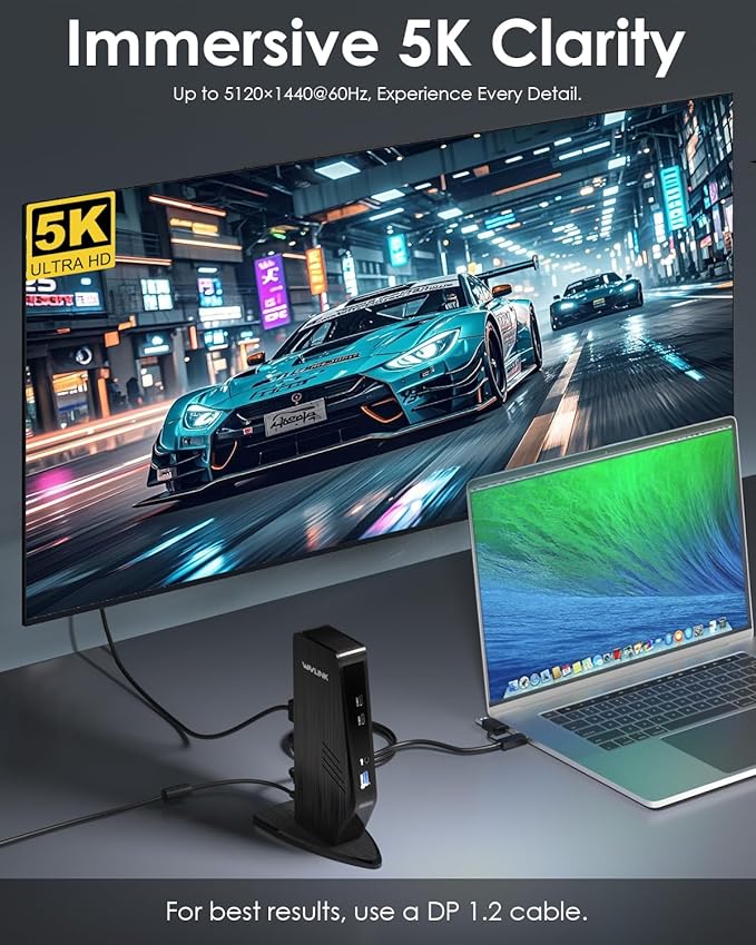 WAVLINK USB C Docking Station Dual Monitor Dual 5K/4K@60Hz Displaylink Docking Station for M1/M2/M3/M4 Mac or Windows 13-in-1 Laptop Dock with 2X HDMI 2X DP 130WPD Gigabit Ethernet 5X USB Audio