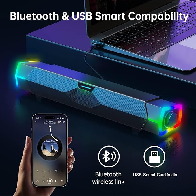 V18 Bluetooth &amp USB Smart Compability Computer Speakers for PC Desktop Monitor Gaming PC Sound Bar Superb Stereo Sound with LED Lighting - Combine/Separate to Customize Your Desk