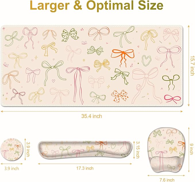 Apricot Mouse Pad with Wrist Support 4 in1 Set XXL Big Game Mousepad + Keyboard Wrist Rest + Mouse Wrist Rest Pad +Coaster Gaming Mat for Home Office Work Computer I Colorful Cute Girl's Bow