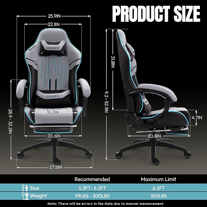 Dowinx Gaming Chair Big and Tall 350LBS Heavy Duty PC Gaming Chair with Massage &amp Footrest Ergonomic Reclining Gamer Chair with Embroidered Esports Design Grey