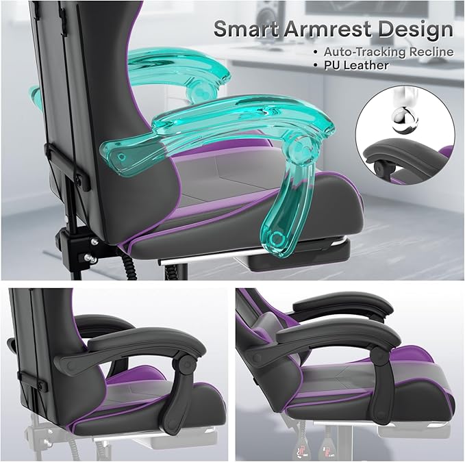 Athena Collection Gaming Chair Ergonomic Gaming Chair with Footrest &amp Headrest Lumbar Support Height Adjustable Swivel Computer Chair Office Chair for Kids Adults(Purple)
