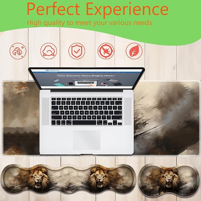 4 in 1 Mouse Pad Combo Large Gaming Mouse Pad + Keyboard Wrist Support + Mouse Wrist Rest + Coaster Table Pad with Stitched Edge Ergonomic Wrist Pad Set Lion