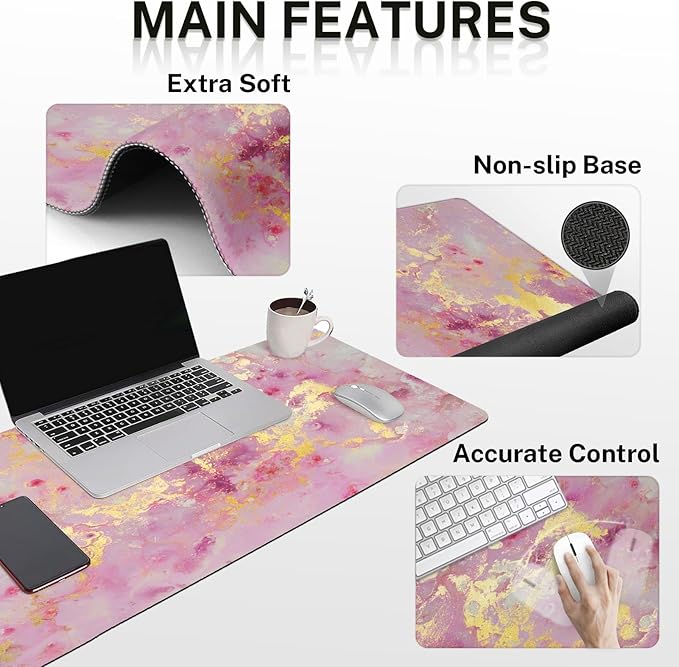 Britimes Pink Gold Liquid Marbling Keyboard Mouse Pad Set 4in1 Large Mousepad+Keyboard Wrist Rest+Mouse Wrist Rest+Coaster Set with Ergonomic Design for Home Office Computer 35.4x15.7 inches