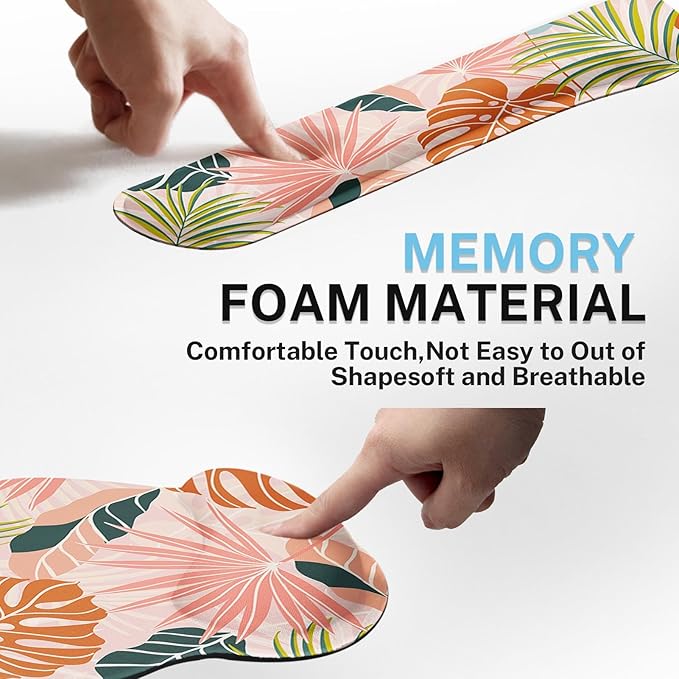 Britimes Bohemian Palm Leaf Keyboard Mouse Pad Set 4in1 Large Mousepad+Keyboard Wrist Rest+Mouse Wrist Rest+Coaster Set with Ergonomic Design for Home Office Computer 35.4x15.7 inches