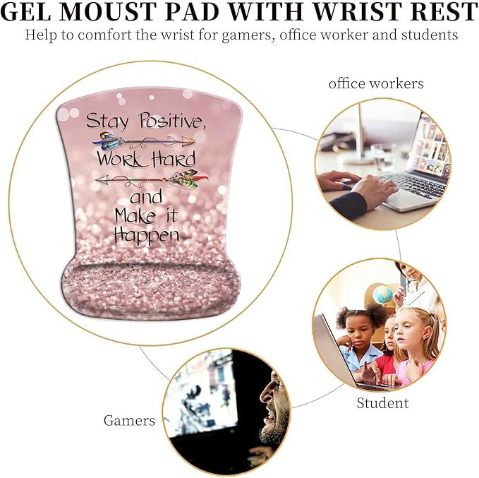 Ergonomic Mouse Pad Wrist Support Gel and Keyboard Wrist Rest Set Stay Positive Work Hard and Make It Happen Pink Glitter Design for Laptop Gaming and OfficeComfortable and Pain Relief + Coaster